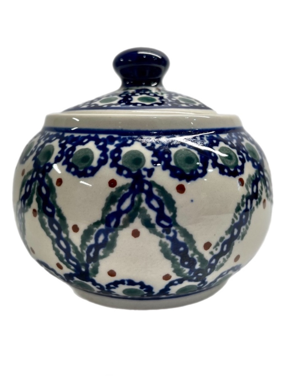 EUC Boleslawiec Polish Pottery Lidded Sugar Bowl-Blue Braided Chain Grn. 10 Oz.